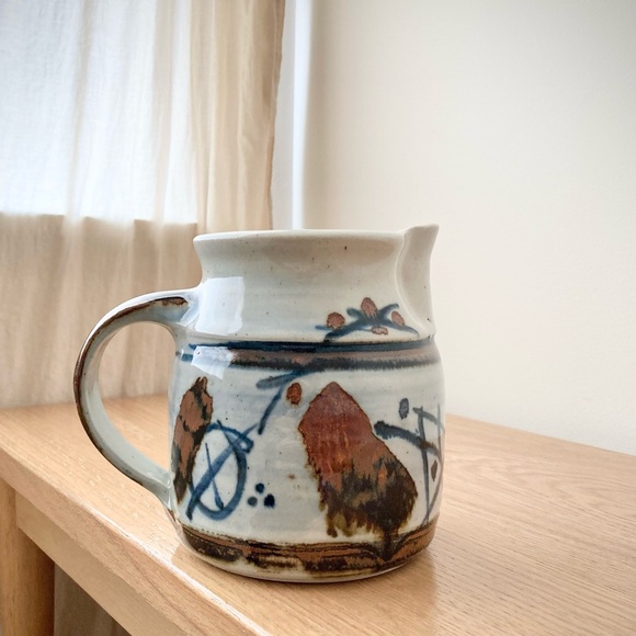 studio pottery artist signed spouted jug handle hand thrown stoneware blue brown